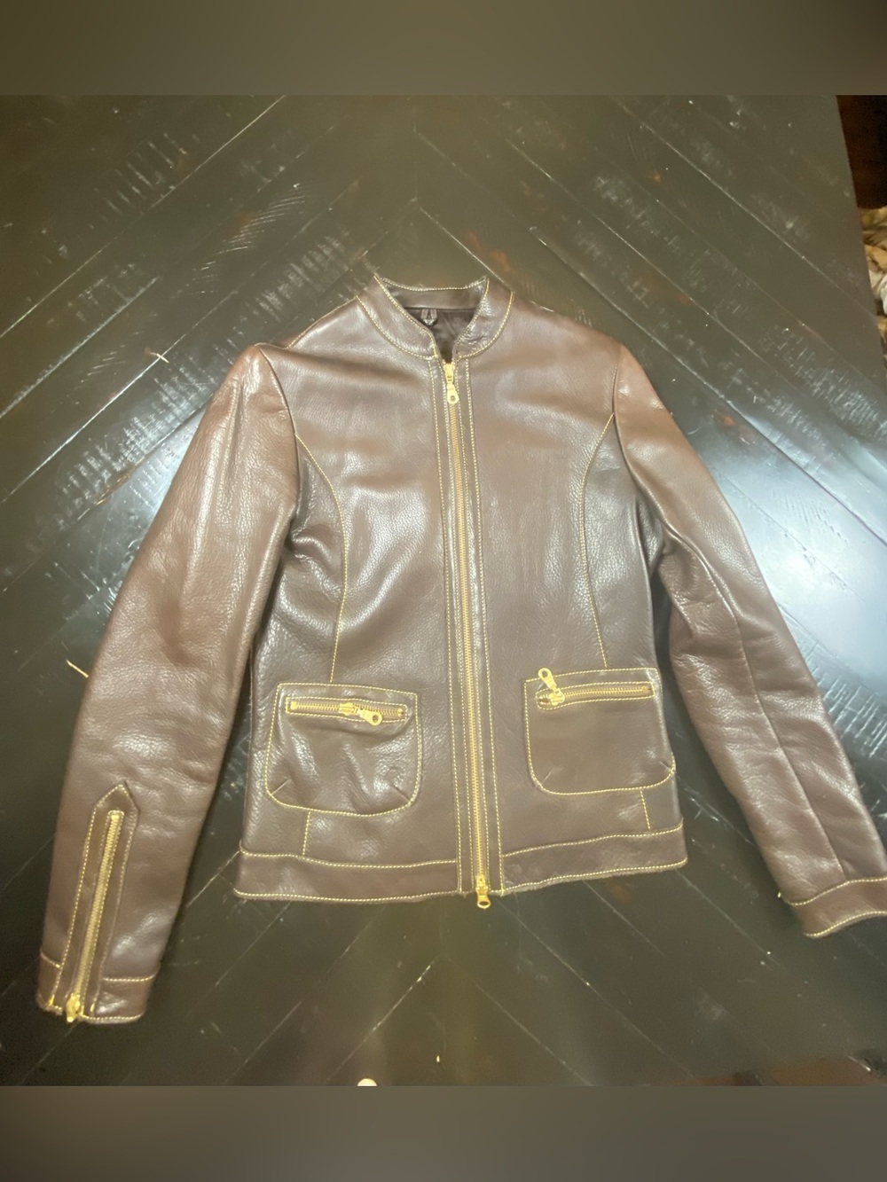 Roots Dark Brown Leather Bomber Jacket with Gold Hardware